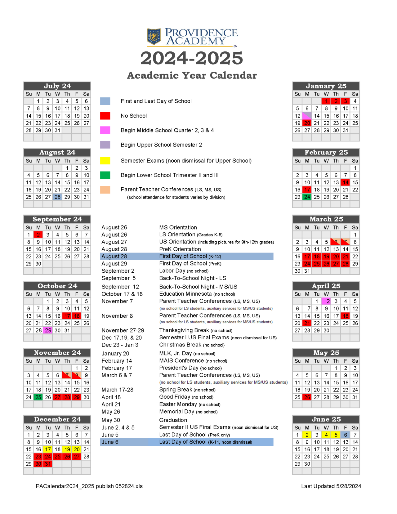 Academic Calendar Providence Academy